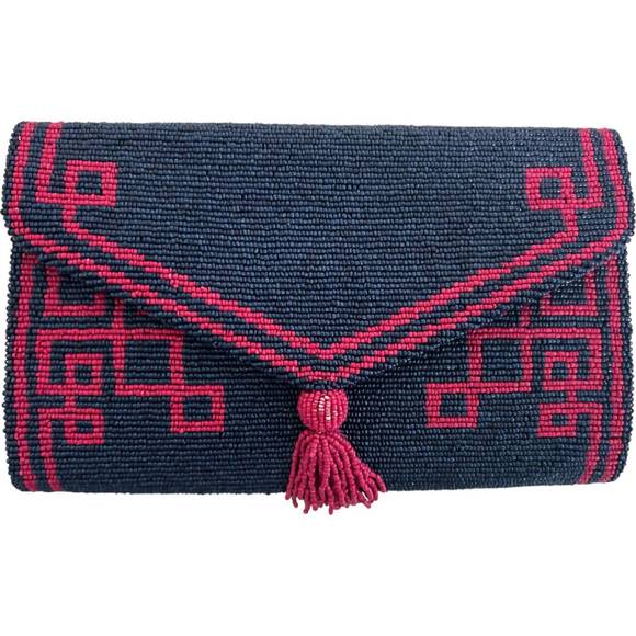 NEW TIANA women´s hand beaded clutch purse in navy/pink